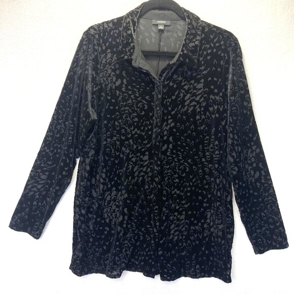Velvet Burnout Button Up Shirt Womens Large Black Stretch Long Sleeve Witchy - Picture 1 of 14